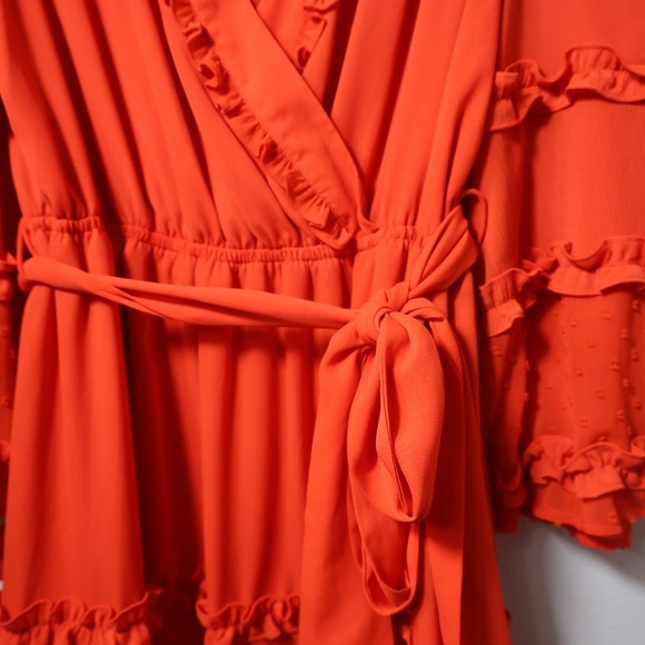 Alexis Target  Ruffle Tiered Midi Dress – Bright Red Orange  Boho Wrap Dress - Picture 6 of 7